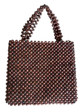 Vintage Brown Wooden Beaded Small Tote Bag Boho Top Handle Purse Zip Lined